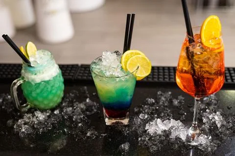 Composition of various coktails on the counter Stock Photos