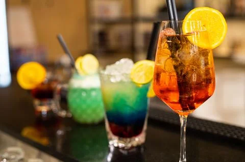 Composition of various coktails on the counter Stock Photos