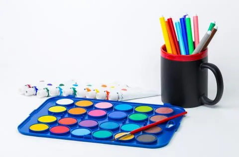 Composition of various creative tools isolated on white Stock Photos