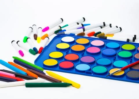 Composition of various creative tools isolated on white Stock Photos