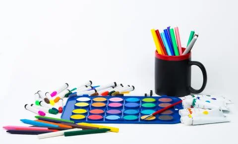 Composition of various creative tools isolated on white Stock Photos