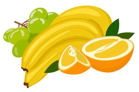 Composition from various fresh exotic fruit: orange, banana, grape Stock Illustration