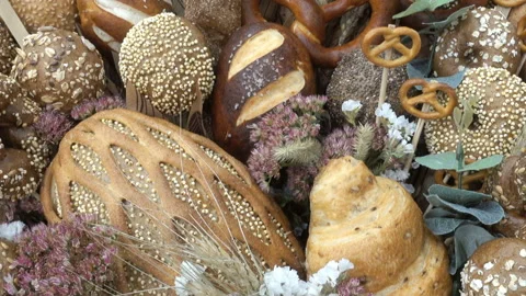 Composition of various loaves of bread and buns Stock Footage 139868304