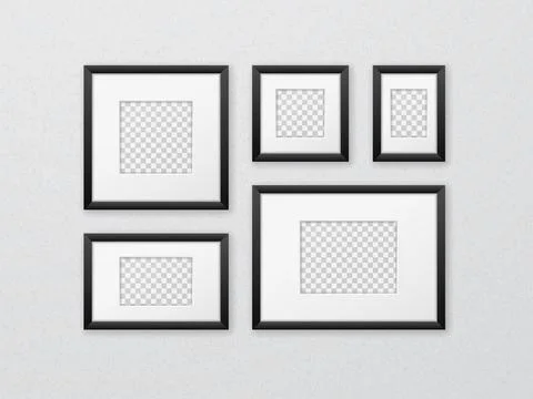 Composition of various narrow black frames hanging on the wall Illustrazione stock