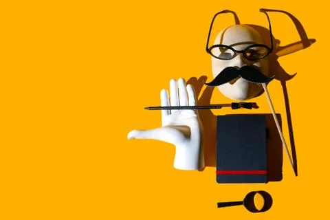 Composition of various objects. Glasses, magnifying glass, pencil, mustache,  Stockfoto's