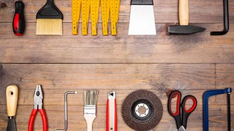 Composition of various repair instruments Stock Photos