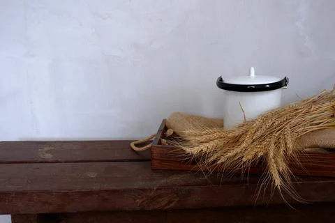 Composition of various rustic items on the background of a gray wall. Stock Photos