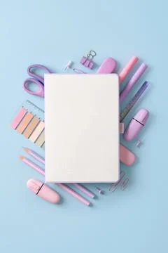 Composition of various school and office stationery in pastel pink and purp.. Stock Photos