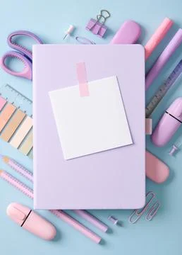 Composition of various school and office stationery in pastel pink and purp.. Stock Photos