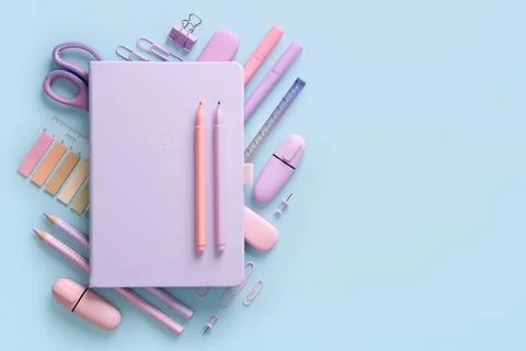 Composition of various school and office stationery in pastel pink and purp.. Stock Photos