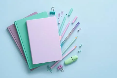 Composition of various school and office stationery in pastel mint green an.. Stock Photos