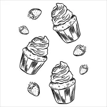 Composition with vector sweets, cupcake with berries. Cupcake, sweet treat,.. Stock Illustration