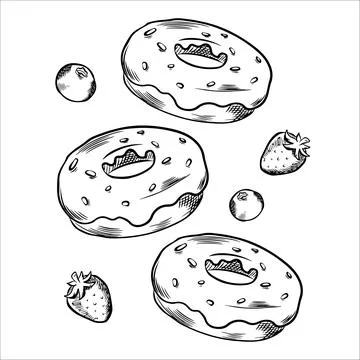 Composition with vector sweets, donut with berries. Donuts, sweets, pastrie.. Stock Illustration