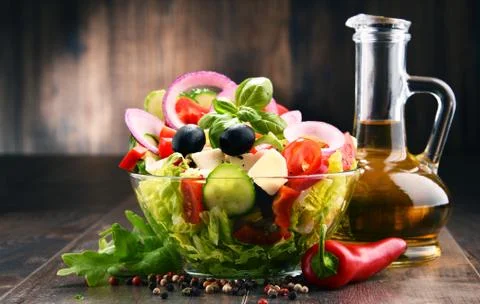 Composition with vegetable salad bowl. Balanced diet. Stock Photos