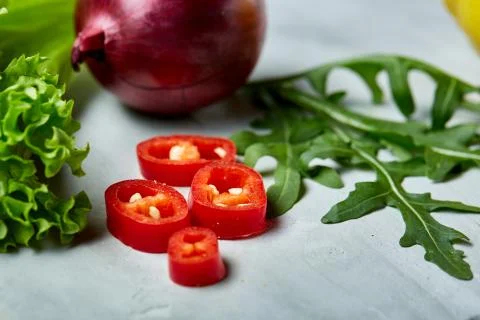 Composition of vegetables and herbs on white background, copy space, selective Stock Photos