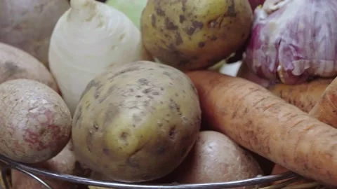 Composition of vegetables, rotation of a basket with root vegetables, potatoe Stock Footage 148535836