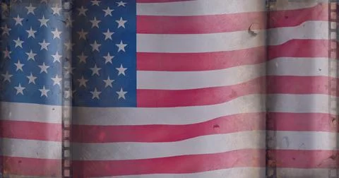 Composition of vintage distressed film frames over billowing american stars and Stock Illustration