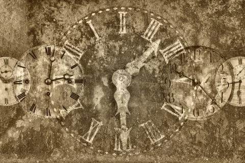 Composition of vintage rusty clocks Stock-Fotos