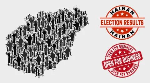 Composition of Vote Hainan Map and Scratched Open for Business Stamp Seal Stock Illustration