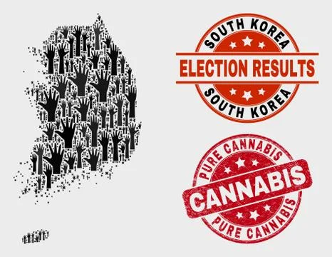 Composition of Vote South Korea Map and Scratched Pure Cannabis Stamp Seal Stock Illustration