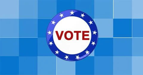 Composition of vote text on badge with american flag stars on pixelated Stock Illustration