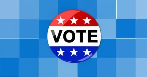Composition of vote text on badge with american flag on pixelated background Stock Illustration