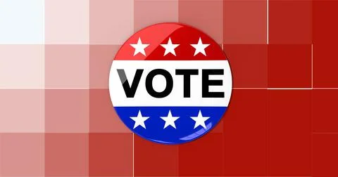 Composition of vote text on badge with american flag on pixelated background Stock Illustration