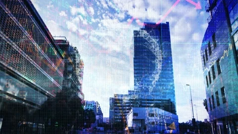 Composition of waves of binary coding over cityscape Stock Footage 327127277