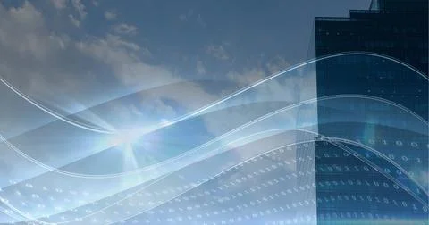 Composition of waves of binary coding over cityscape Stock Illustration