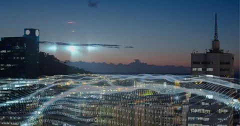 Composition of waves of binary coding over cityscape Stock Photos