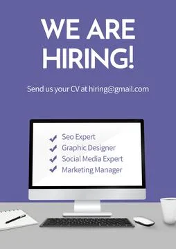 Composition of we are hiring text with computer on purple background Stock Illustration