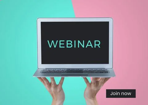Composition of webinar text on laptop held by hands, with join now button, on Stock Photos