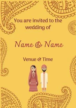 Composition of wedding invitation text over indian pattern on yellow background Stock Illustration