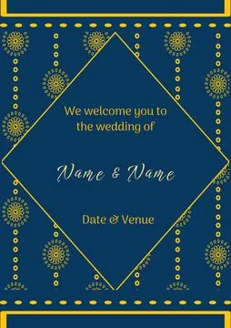 Composition of wedding invitation text over indian pattern on blue background Stock Illustration