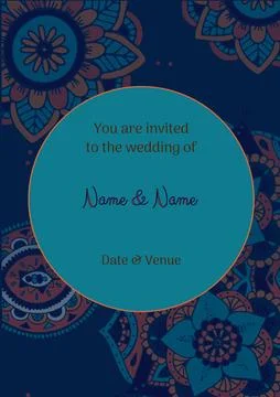 Composition of wedding invitation text over indian pattern on blue background Ilustración de archivo