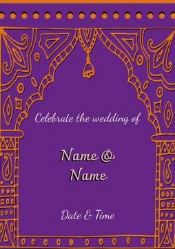 Composition of wedding invitation text over indian pattern on purple background Stock Illustration