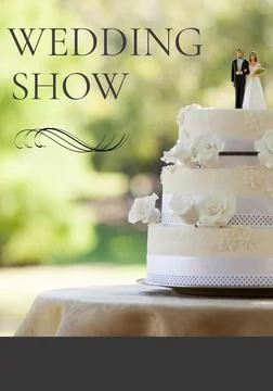 Composition of wedding show text over wedding cake Stock Photos