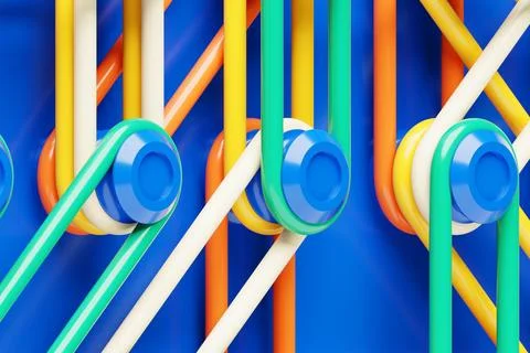 A composition in which bright multi-colored re-ins are stretched on buttons.  Stock Photos