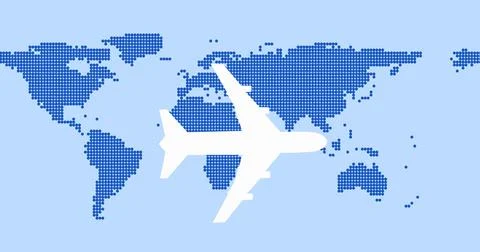 Composition of white airplane over blue digital world map on light blue Ilustração Stock