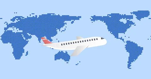 Composition of white airplane over blue digital world map on light blue Ilustração Stock