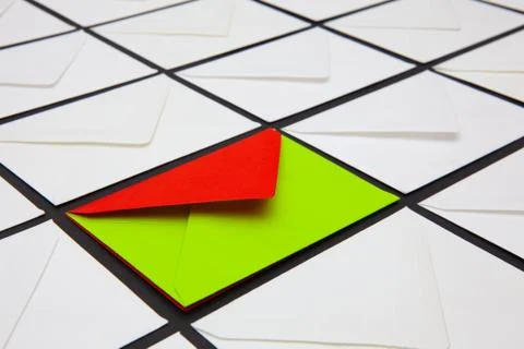 Composition with white and colored envelopes on the table. 库存照片