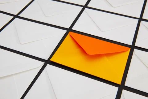 Composition with white and colored envelopes on the table. 스톡 사진