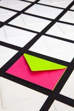 Composition with white and two-color envelopes on the table. Stock Illustration