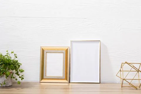 Composition of white cards in frames with copy space and decorations on white Stock Photos