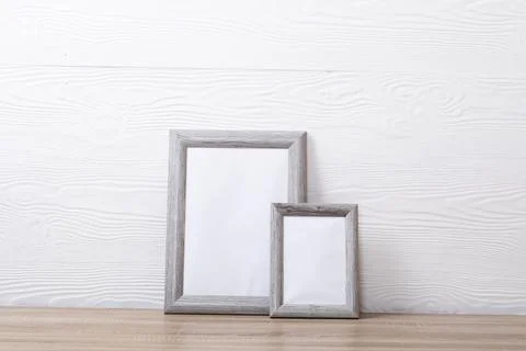 Composition of white cards in frames with copy space on white background Stock Photos