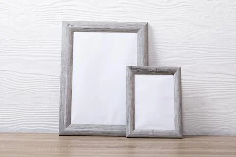 Composition of white cards in frames with copy space on white background Stock Photos