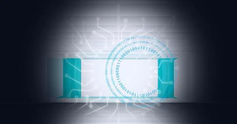 Composition of white circuits and binary code spiral on vignetted 3d white and Stock Illustration