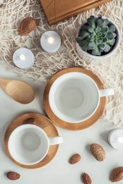 Composition with white coffee tea white cups Stock Photos