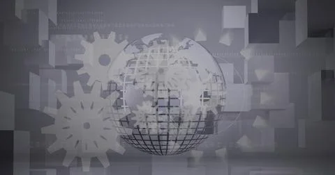 Composition of white cogs over globe and 3d blocks on grey background Stock Illustration
