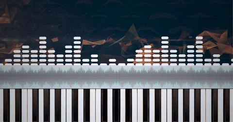 Composition of white graphic music equalizer over piano keyboard and orange Illustrazione stock